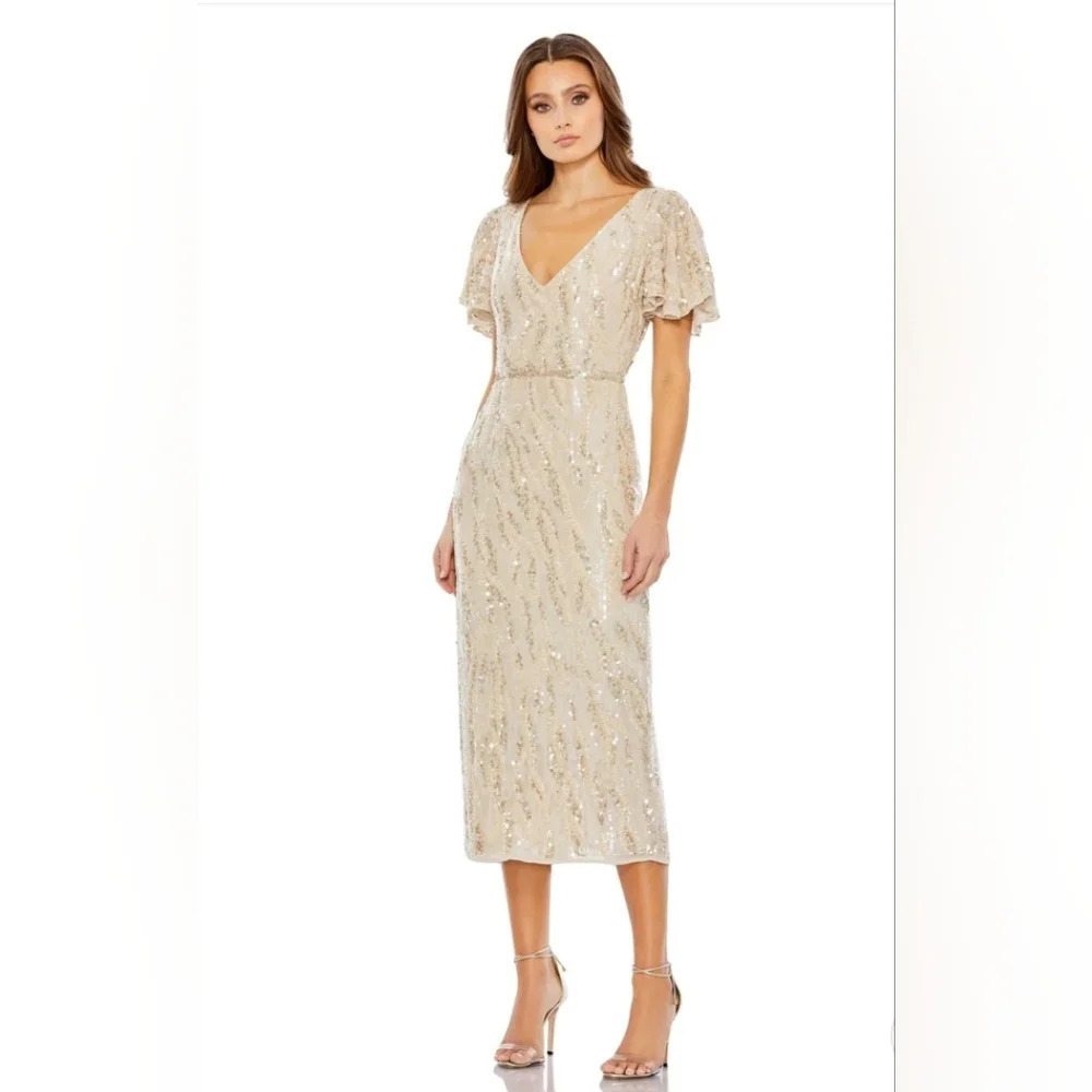 Mac Duggal, Sequined V-neck Flutter‎ Sleeve Tea Length Dress,Oyster,Size 12, NWT